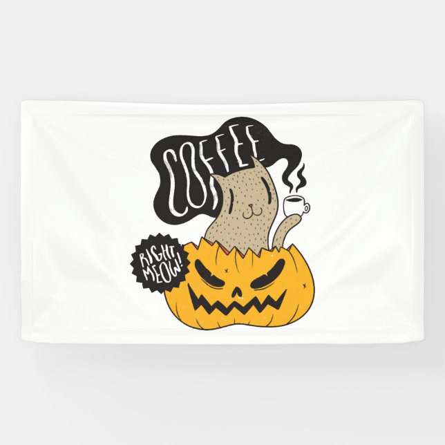 Halloween Coffee Cat - Cute Halloween Cat Drinking Banner (Horizontal)