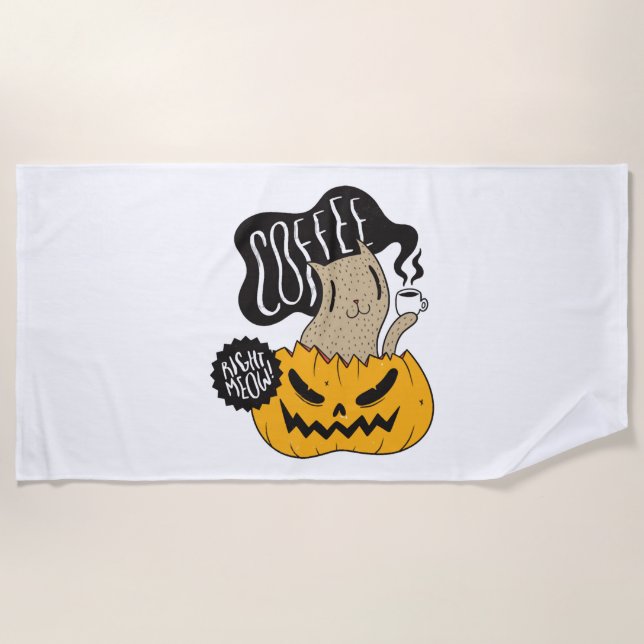 Halloween Coffee Cat - Cute Halloween Cat Drinking Beach Towel (Front)