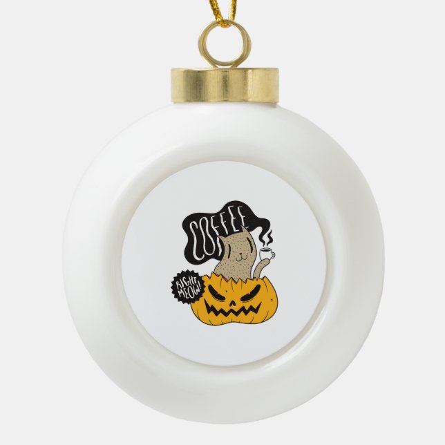 Halloween Coffee Cat - Cute Halloween Cat Drinking Ceramic Ball Christmas Ornament (Front)