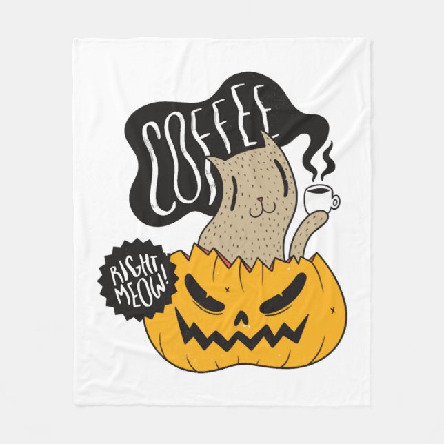 Halloween Coffee Cat - Cute Halloween Cat Drinking Fleece Blanket (Front)