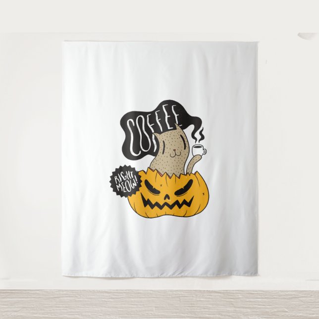 Halloween Coffee Cat - Cute Halloween Cat Drinking Tapestry (Front)