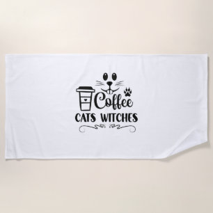 Halloween Coffee Cats Witches Birthday Beach Towel