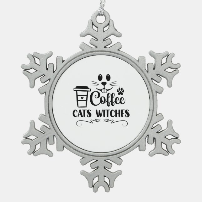 Halloween Coffee Cats Witches Birthday Snowflake Pewter Christmas Ornament (Front)