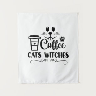 Halloween Coffee Cats Witches Birthday Tapestry
