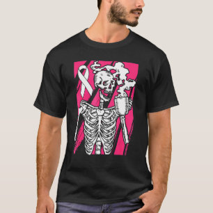 Halloween Coffee Drinking Skeleton Skull Pink Ribb T-Shirt