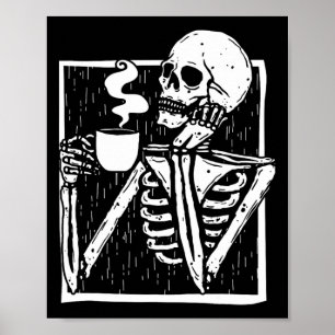 Halloween coffee drinking skeleton skull  poster