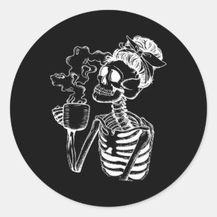 Halloween Coffee Drinking Skeleton Teacher Lazy Di Classic Round Sticker