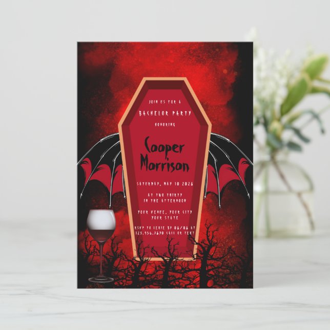 Halloween Coffin and Bat Wings Bachelor Party Invitation (Standing Front)