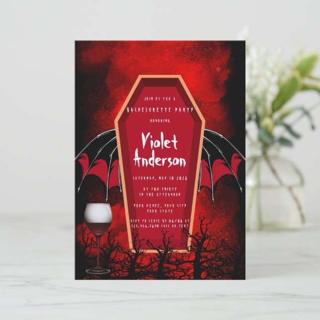 Halloween Coffin and Bat Wings Bachelorette Party Invitation (Standing Front)