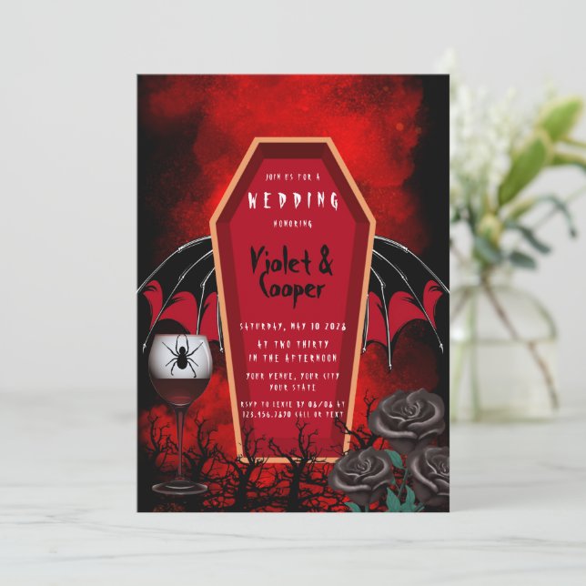 Halloween Coffin and Bat Wings Red Black Wedding I Invitation (Standing Front)