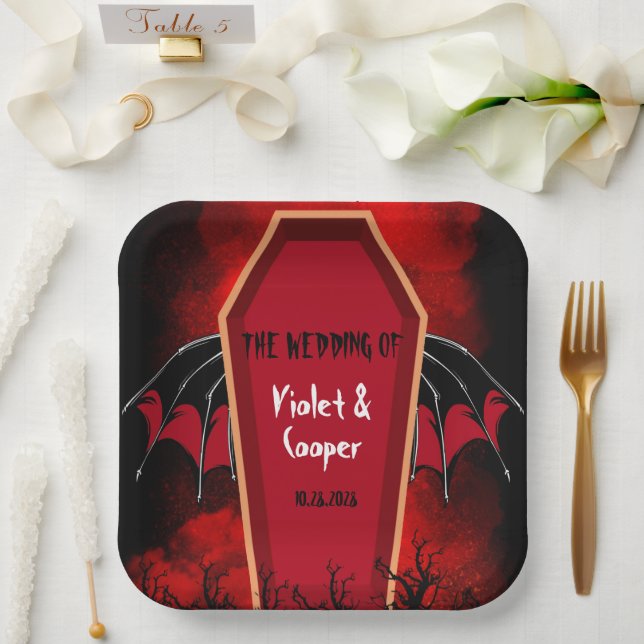 Halloween Coffin Bat Wings Black Red Wedding Paper Plate (Wedding)