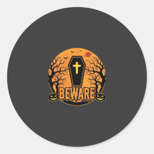 Halloween Coffin Beware Pumpkin Horror Design_1 Classic Round Sticker