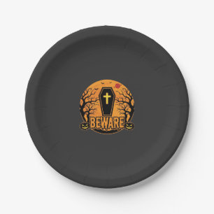 Halloween Coffin Beware Pumpkin Horror Design_1 Paper Plate