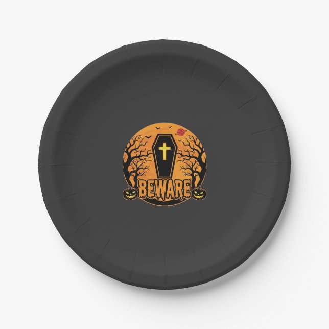 Halloween Coffin Beware Pumpkin Horror Design_1 Paper Plate (Front)