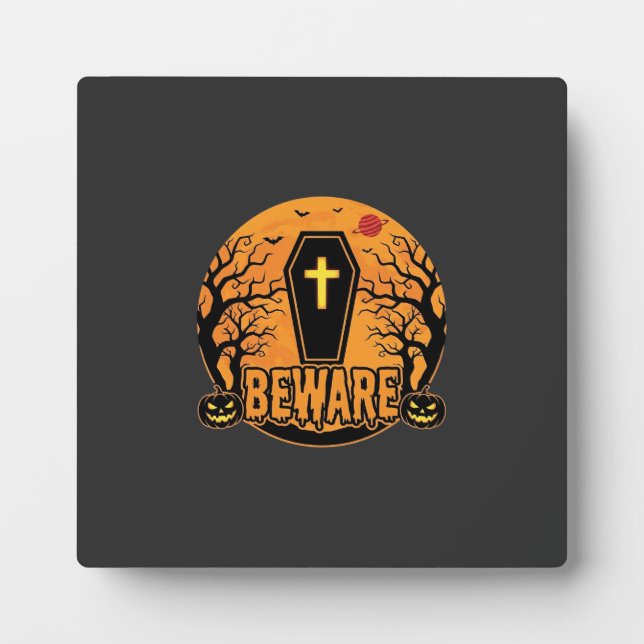 Halloween Coffin Beware Pumpkin Horror Design_1 Plaque (Front)