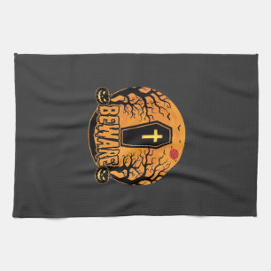 Halloween Coffin Beware Pumpkin Horror Design_1 Tea Towel
