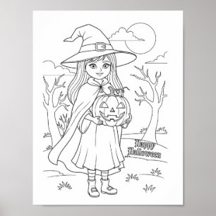 Halloween Coloring Page - A Girl with Pumpkin Poster