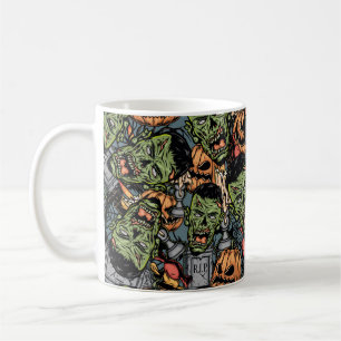 Halloween colourful elements seamless pattern with coffee mug