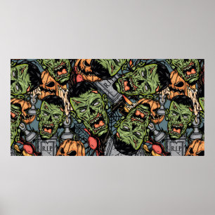 Halloween colourful elements seamless pattern with poster