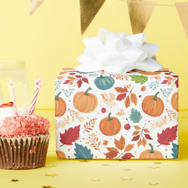 Halloween Colourful Pumpkins and leaves Wrapping Paper (Birthday Party)