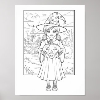 Halloween Colouring Page - A Girl with Pumpkin Poster