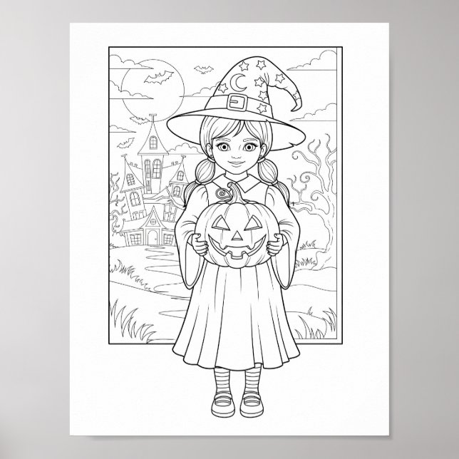 Halloween Colouring Page - A Girl with Pumpkin Poster (Front)