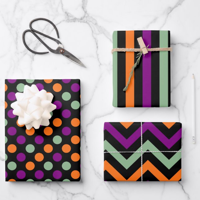 Halloween Colours Polka Dots, Stripes and Chevron Wrapping Paper Sheet (Front)