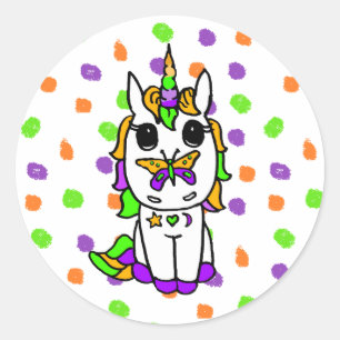 Halloween Colours Unicorn with Butterfly on Nose Classic Round Sticker