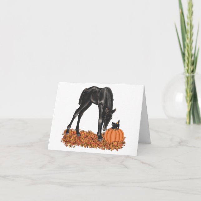 Halloween Colt Kitten Pumpkin Fall Leaves Card (Front)