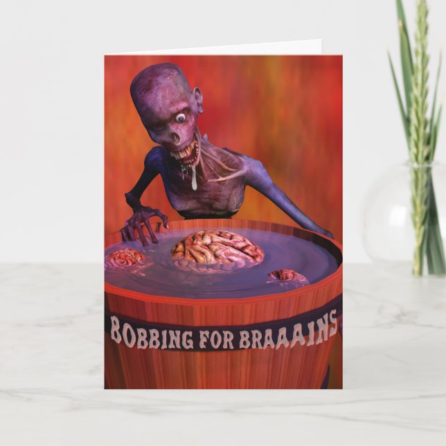 Halloween Comic Zombie Bobbing for Brains Card (Front)