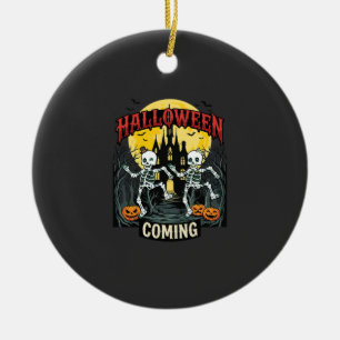 Halloween Coming Dancing Skeletons Castle Pumpkins Ceramic Tree Decoration