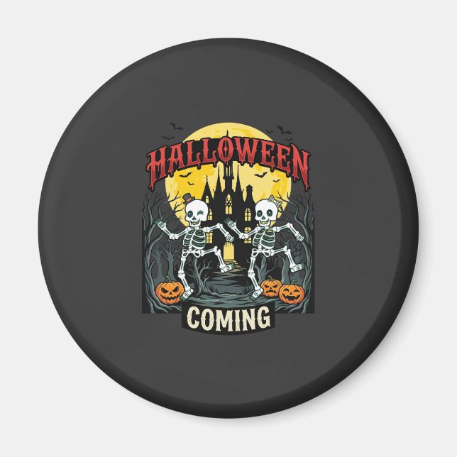 Halloween Coming Dancing Skeletons Castle Pumpkins Magnet (Front)