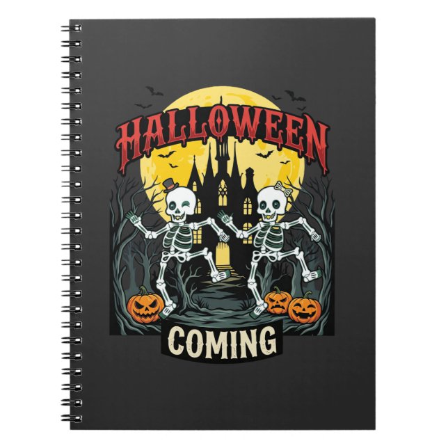 Halloween Coming Dancing Skeletons Castle Pumpkins Notebook (Front)