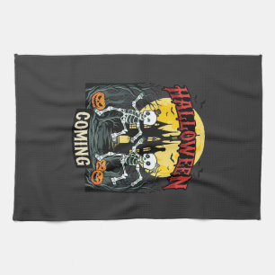 Halloween Coming Dancing Skeletons Castle Pumpkins Tea Towel