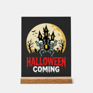 Halloween Coming Dancing Skeletons Haunted Castle Acrylic Sign