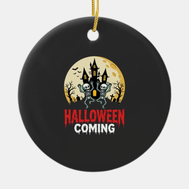 Halloween Coming Dancing Skeletons Haunted Castle  Ceramic Tree Decoration (Front)