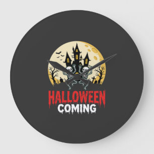 Halloween Coming Dancing Skeletons Haunted Castle Large Clock