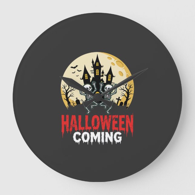 Halloween Coming Dancing Skeletons Haunted Castle  Large Clock (Front)