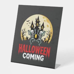 Halloween Coming Dancing Skeletons Haunted Castle Pedestal Sign