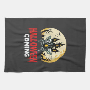 Halloween Coming Dancing Skeletons Haunted Castle Tea Towel