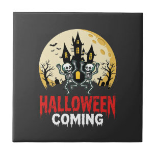 Halloween Coming Dancing Skeletons Haunted Castle Tile