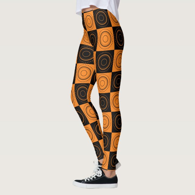 Halloween Concentric Orange and Black Polka Dots Leggings (Left)