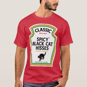 Halloween Condiment Bottle Spicy Black Cat Hisses T-Shirt