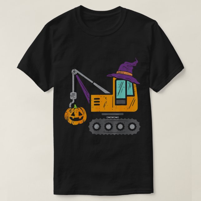 Halloween Construction Vehicle Crane Truck Pumpkin T-Shirt (Design Front)