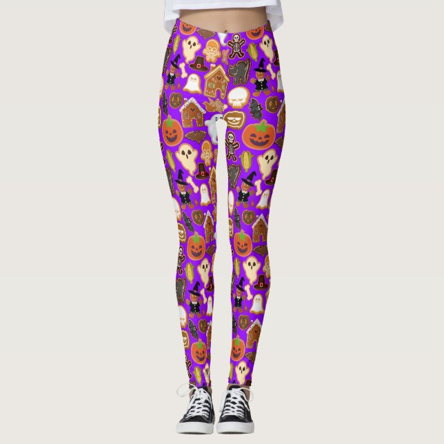 Halloween Cookies Pattern Collection B Purple BG Leggings (Front)