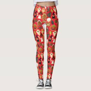 Halloween Cookies Pattern Collection B Red BG Leggings