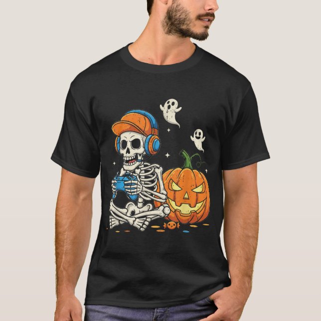 Halloween Cool Teen Boy Skeleton Gaming Men T-Shirt (Front)