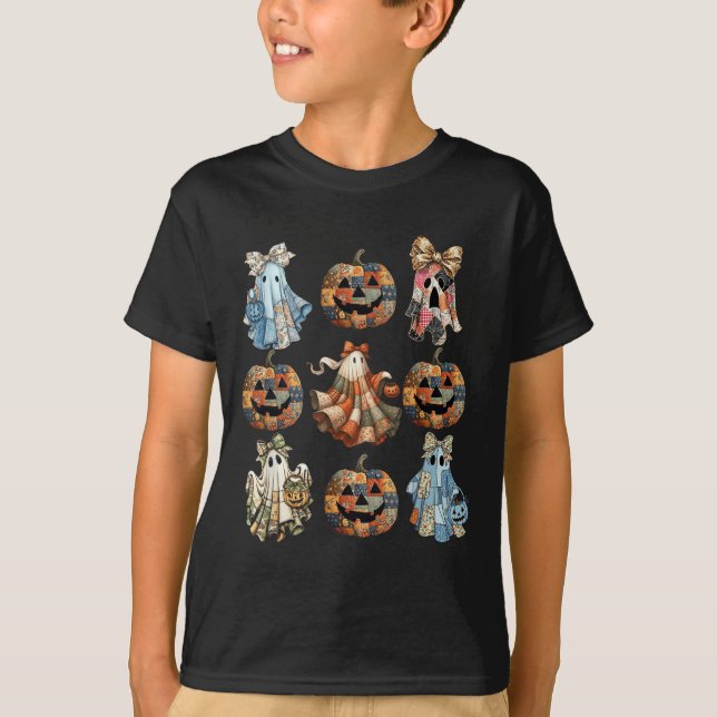 Halloween Coquette Bow Pumpkin Ghost Patchwork Sok T-Shirt (Front)