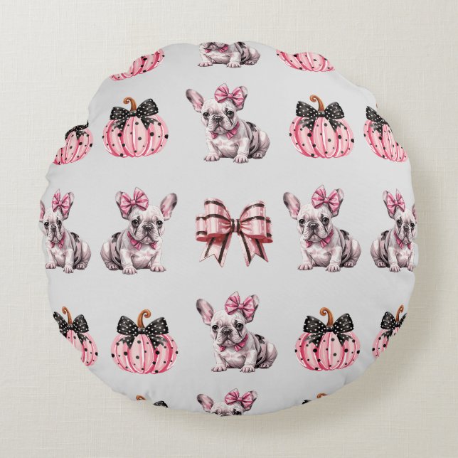 Halloween Coquette Bulldog Bow pumpkin pink  Round Cushion (Front)