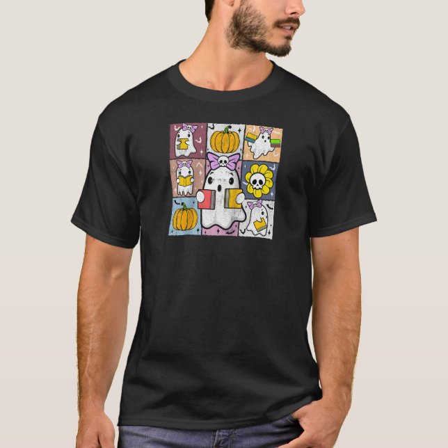 Halloween Coquette Ghost Reading Book Lover Bookwo T-Shirt (Front)
